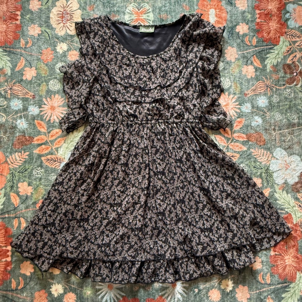 Maude Black Floral Silk Blend Ruffle Mini Dress Size L YL6546‎ Cottagecore